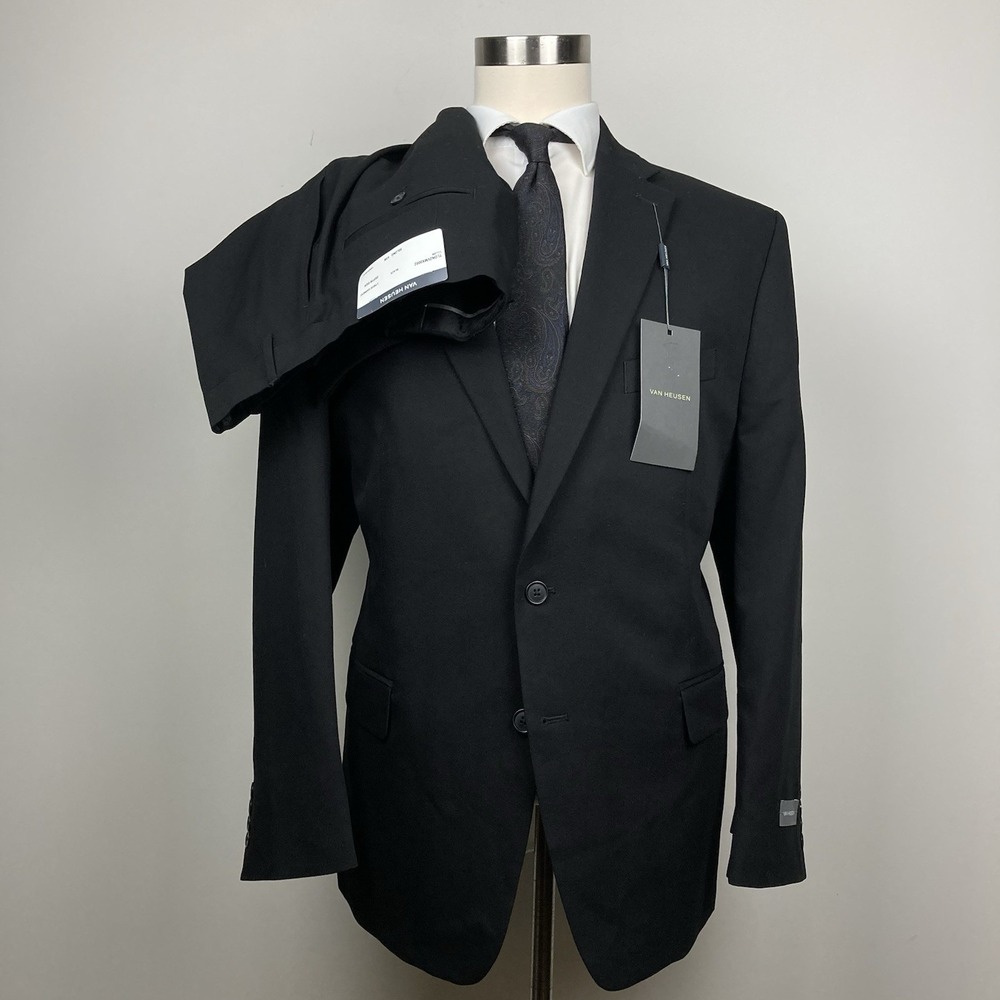 Van Heusen Mens Slim fit 2 Pc Suit 48R/44Wx32L Black Solid Stretch *Read*E121752